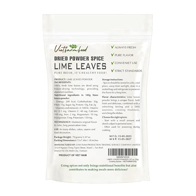 LIME LEAVES POWDER 2.47 Oz (70g) VIETFARMFOOD: Pure, natural freeze-dried spice made from real vegetables and fruits - perfect for enhancing every meal, from cooking, baking, salads, soups, sauces