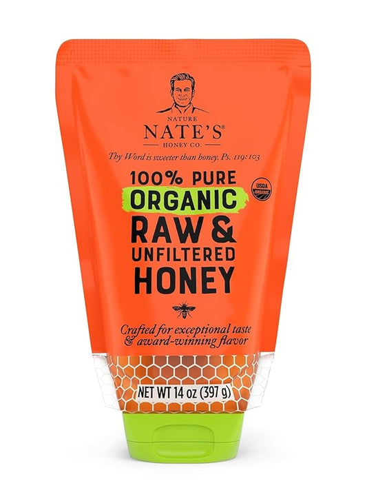 Nature Nate's 100% Pure USDA Organic Raw & Unfiltered Honey, 14 oz. No-Drip Sustainable Squeeze Pouch; Purity Guarantee, No Additives