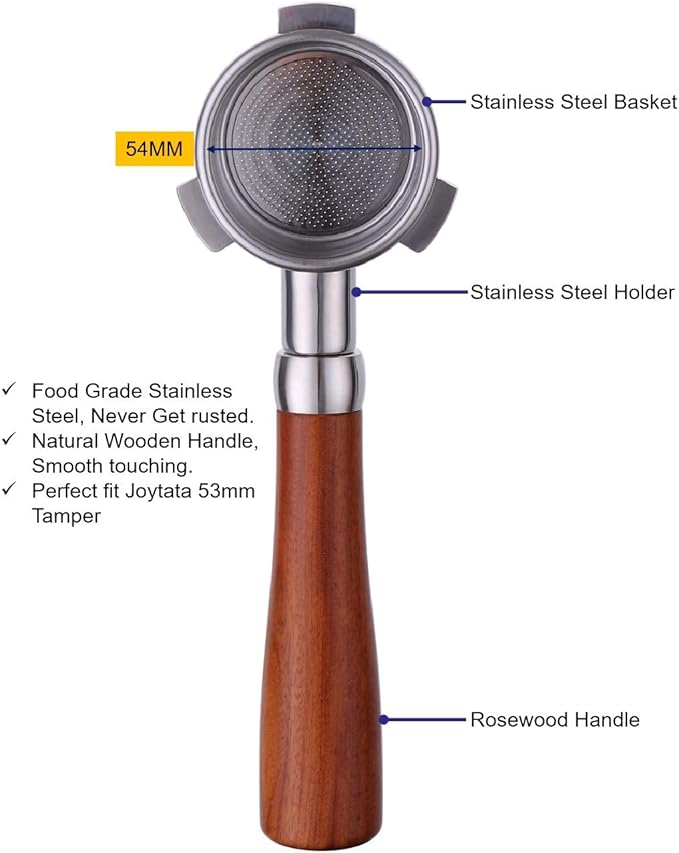 54mm Bottomless Portafilter Fits Breville Barista Espresso Machine Stainless Steel Naked Portafilter Along with Double Shot Filter Basket Coffee Bottomless Handle-Wooden