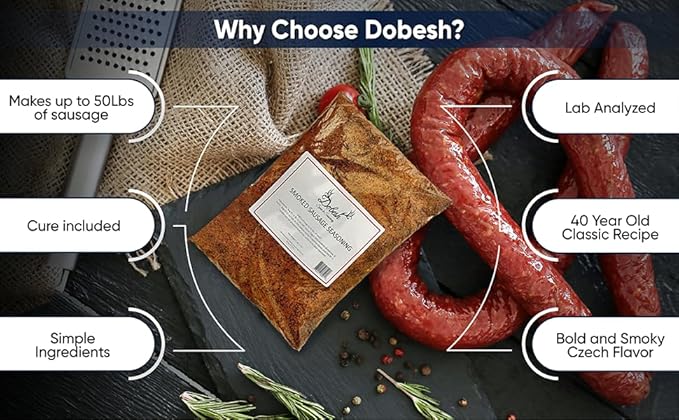 Dobesh Sausage Seasoning Mix with Cure - Czech Flavor Sausage Seasoning Mix for Venison, Beef, Pork, Elk, Deer, Wild Game and Domestic Meat - Sausage Seasoning Kit Makes up to 50Lbs of Sausage (2.1 LB)