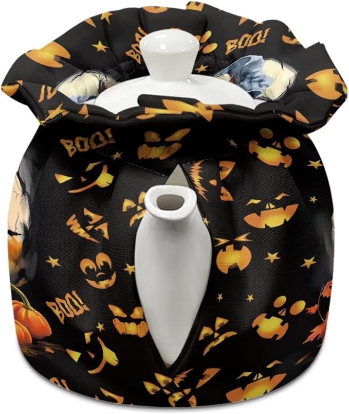 Black Cat Tea Cozy for Teapot Insulated Dust Proof Pumpkin Teapot Insulation Cover for All Hallows' Eve Home Decor Kitchen Accessory Tea Cozy with Drawstring