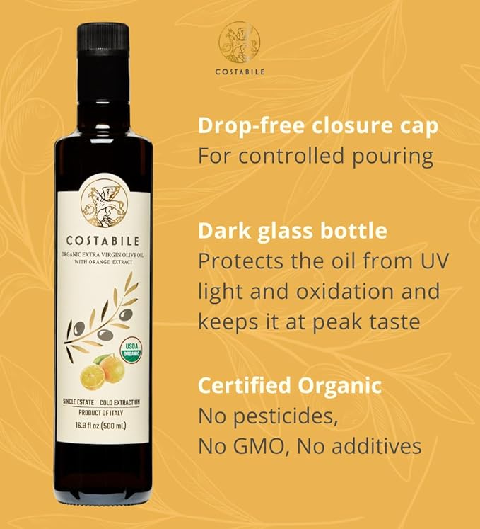 Orange Infused Olive Oil Extra Virgin from Puglia, Italy. Organic Olive Oil Infused with Natural Orange. For salad dressing, baking and cooking - COSTABILE 16.9 Fl.Oz
