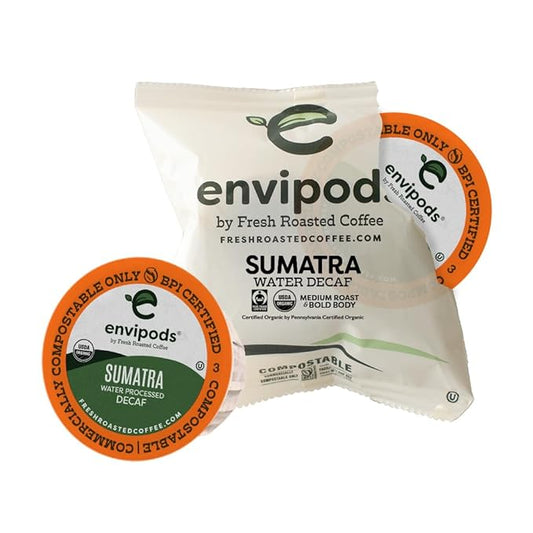 Fresh Roasted Coffee, Organic Sumatra Swiss Water Decaf envipods, Fair Trade Kosher, Medium Roast, 36 Count, Individually Wrapped, Compatible With 1.0 & 2.0 K Cup Brewers