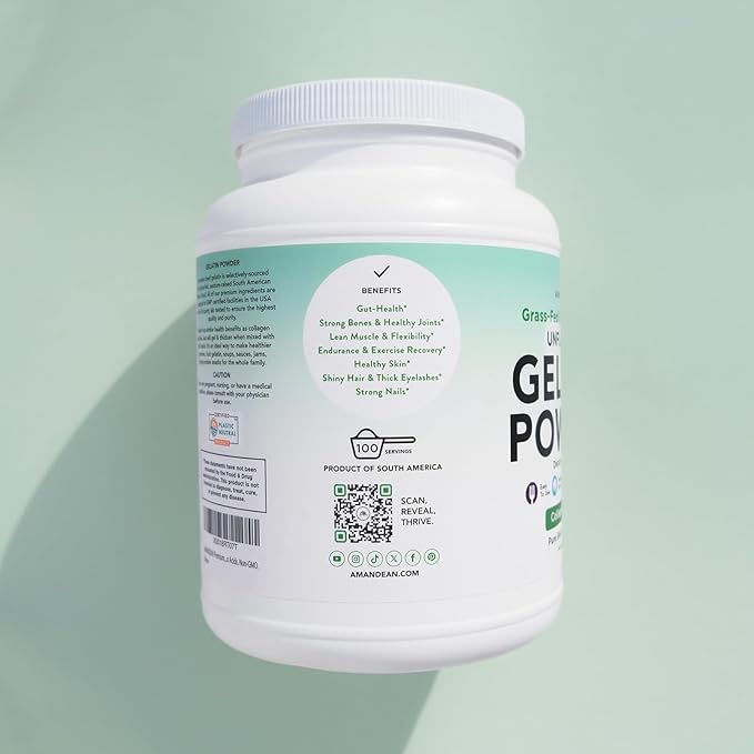 AMANDEAN Premium Gelatin Powder XL. Grass-Fed Beef Collagen Protein Supplement. Unflavored. Healthy Skin, Hair, Nails, & Gut. Paleo Friendly Cooking and Baking. 18 Amino Acids. Non-GMO.
