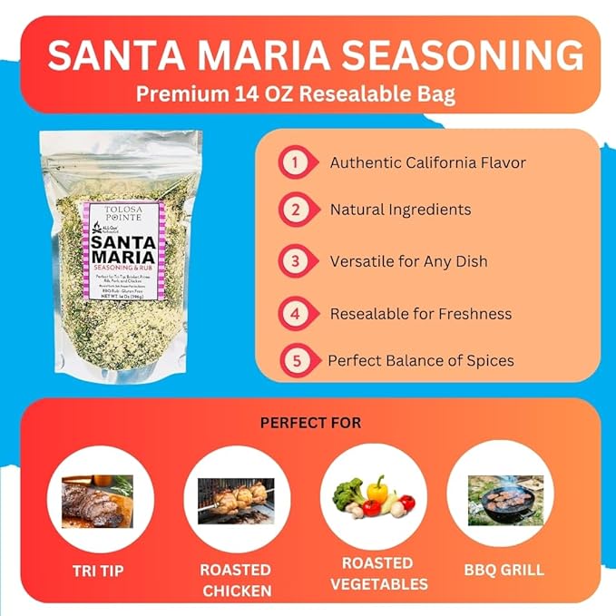 Tolosa Pointe All Que Santa Maria Seasoning & BBQ Rub for Chicken, Steak, Pork, Ribs, Prime Rib Roast, BBQ Seasoning, Grill, Gluten Free, 14 Oz (396g)