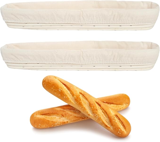 Homaisson 2 PCS Rattan Proofing Basket Set, 17 x 3.7 x 2.2 in Oval Sourdough Bread Banneton with Removable Fabric Liners, Long Dough Fermentation Basket, Suitable for French Baguette Baking