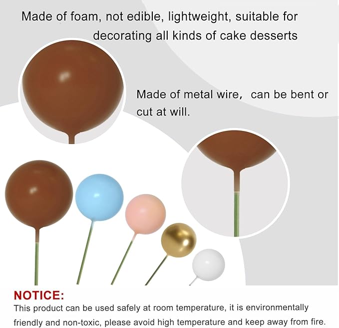 ASTARON 50 Pcs Ball Cake Topper Sticks Mini Balloons for Cake Decorating Supplies Foam Balls Cake decorations for Baby Shower Cake Birthday Cake Toppers Decorations (Light Blue, Brown)