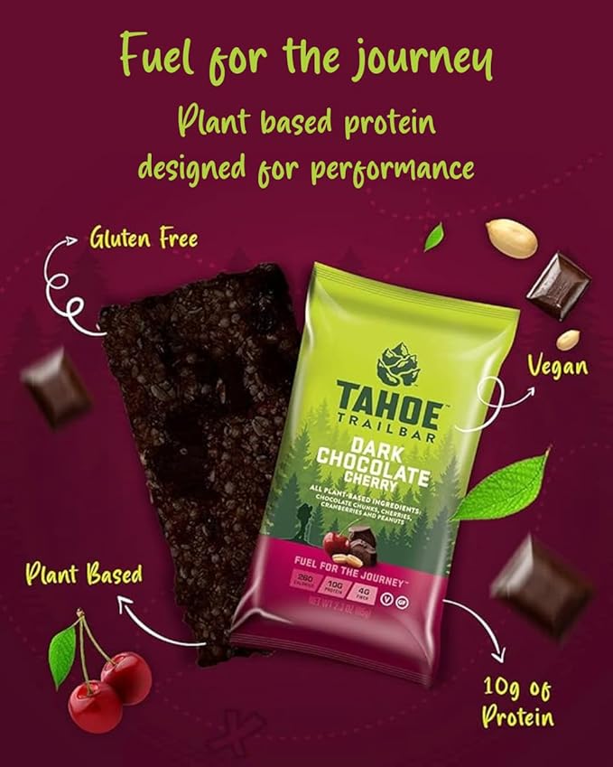 Tahoe Trail Bar, Plant-Based Natural Energy Bar (2.3 Ounce Protein Bar, 12 Count) High Protein Non-GMO, Gluten-Free, Vegan Healthy Snacks - Dark Chocolate Cherry