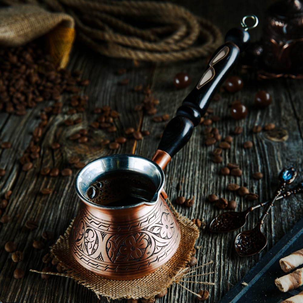 DEMMEX Copper Turkish Coffee Pot Cezve Ibrik Greek Coffee Briki Stovetop Coffee Maker with Wooden