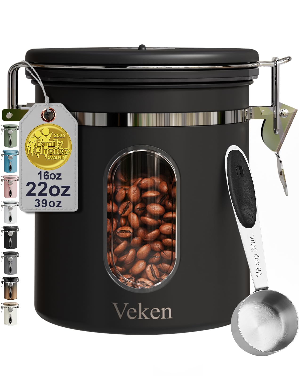 Veken Coffee Canister with Window, Airtight Stainless Steel Container, 16OZ
