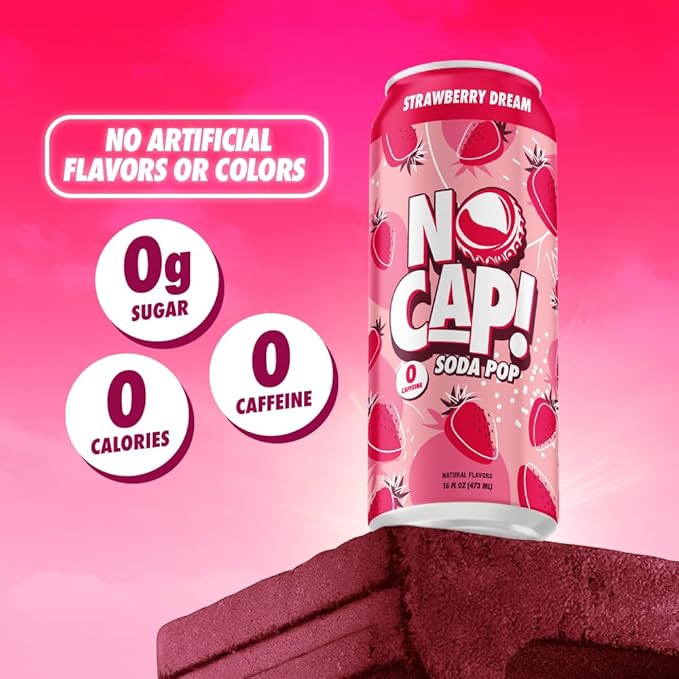 No Cap! Healthy Soda Drinks For Kids, Teenagers & Adults, Natural Flavors, Zero Sugar, Zero Calories, Caffeine Free,16 Oz Cans, (12 Pack) Strawberry Dream