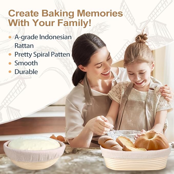 Banneton Bread Proofing Basket Set of 2, 9 inch Round and 10 in Oval, Sourdough Bread Baking Supplies, Bread Making Starter Kit, Proofing Baskets for Baking, Perfect Baker's Gift Set