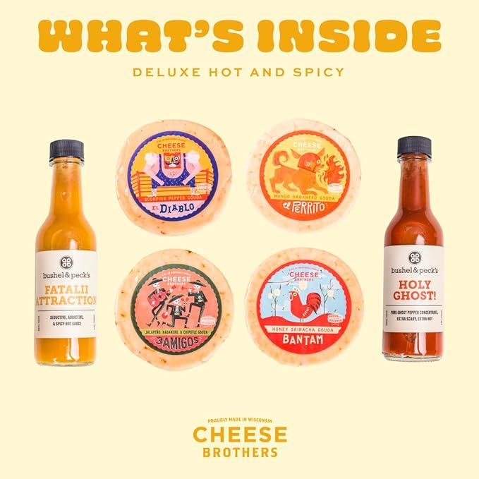 Cheese Bros. Deluxe Hot & Spicy Gift Box | Fresh from Wisconsin | Gouda varieties including Scorpion Pepper, Honey Sriracha, Mango Habanero, 3 Amigos Pepper and 2 bottles of Hot Sauce | Food Gifting