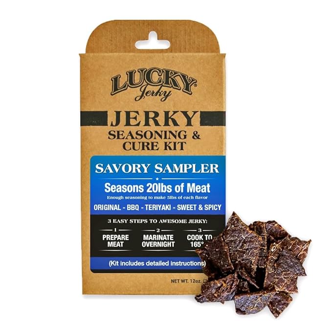 Lucky Jerky Ultimate Savory DIY Seasoning Kit - Makes 20lbs Total with 4 Flavors - Original, BBQ, Teriyaki, Sweet & Spicy Flavors - Perfect for Homemade Beef Jerky