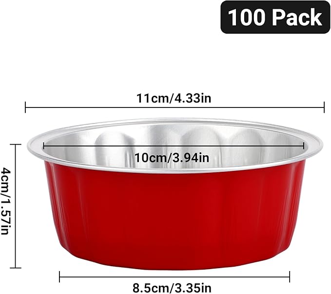 Beasea Disposable Aluminum Foil Cups 100 Pack, 8 oz 235ml 3.9" Bake Ramekin Cup Muffin Cupcake Baking Cup Mini Pudding Cups for Party Wedding Birthday - Red