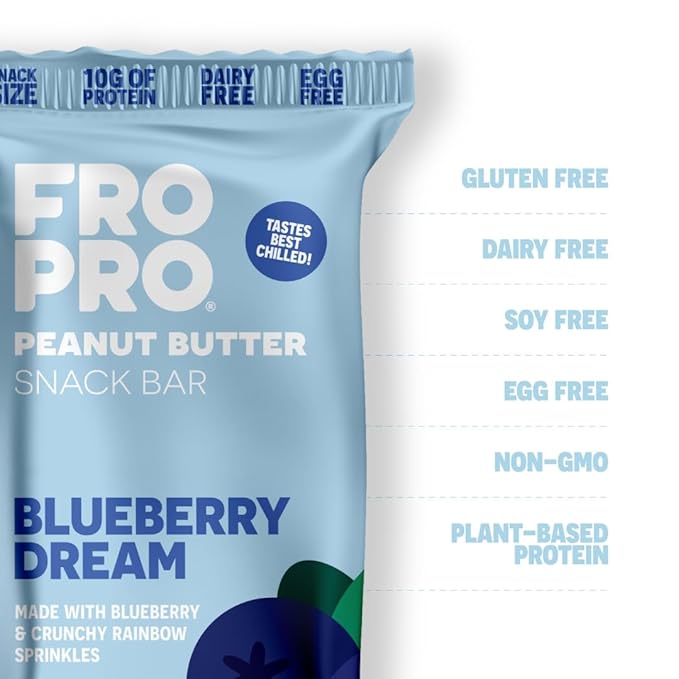 FROPRO Plant Protein Snack Bars - Plant Based Protein Bars, All-Natural, Gluten, Dairy, & Soy Free, High Protein Bars with Low Calories | Blueberry Dream, 12 Pack