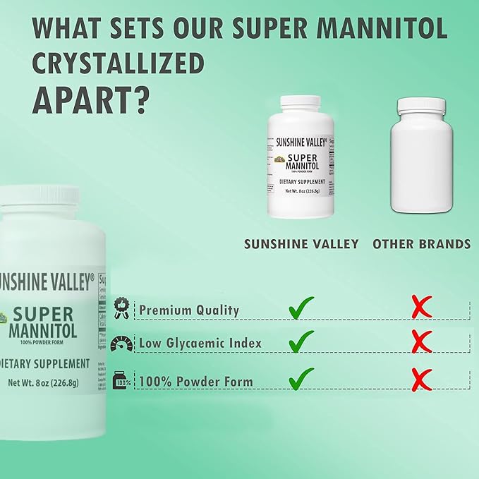 Sunshine Valley® Super Mannitol Powder, Natural & Healthy Artificial Sweetener, Ultra-Pure Sugar Substitute, Low Glycemic Dietary Supplement (8 Fl oz)