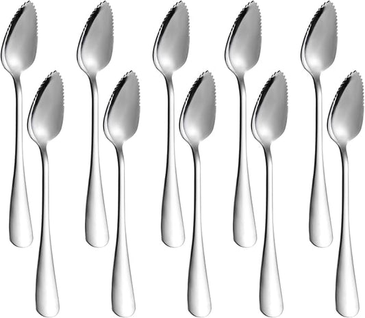 10 PCS Grapefruit Spoons, Stainless Steel Grapefruit Spoon Utensil Set, Serrated Edge & Thick Gauge Handle, Silver Kitchen Tool with Non-stick Plating for Kiwi, Dessert, Apple, Citrus Fruit