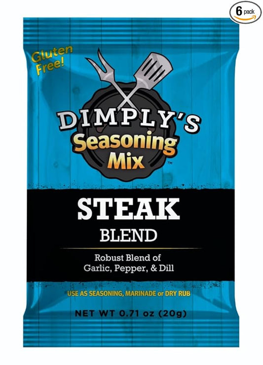 Dimply's Steak Seasoning Mix – 6 Pack, Single Serve Dry Rub and Marinade – Garlic Pepper Dill Blend for Meat, Chicken, Tofu, and Vegetables – Vegan, Gluten Free, No MSG, Preservative Free