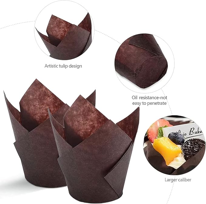200PACK Tulip Baking Paper Cups Cupcake Liners Baking Cups Muffin Wrappers Greaseproof Paper Made,Perfect for Birthday Parties,Weddings,Bakeries,Restaurants, Brown