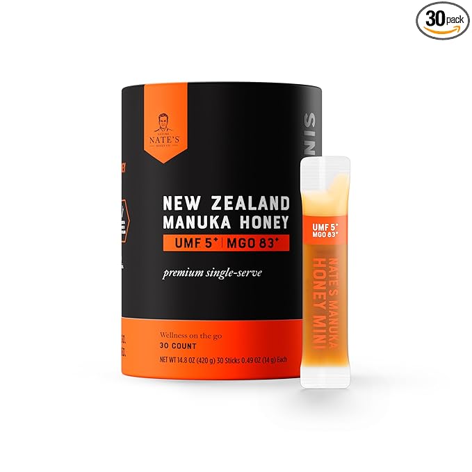 Nate's Manuka Honey Minis - 30 count Single-serve, Pure Manuka Honey - MGO 83+ | UMF 5+ Certified - 30 Single-Serve Packets for On-the-Go Daily Wellness