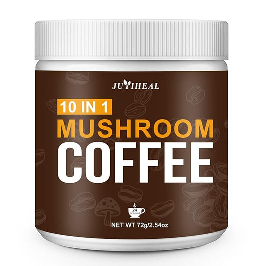 JUYIHEAL Mushroom Coffee, 10 in1 Mushroom Powder Coffee with Lions Mane, Chaga, Reishi, Cordyceps, Maitake, Shiitake, and Turkey Tail for Energy, Focus, Immune Support, 72g