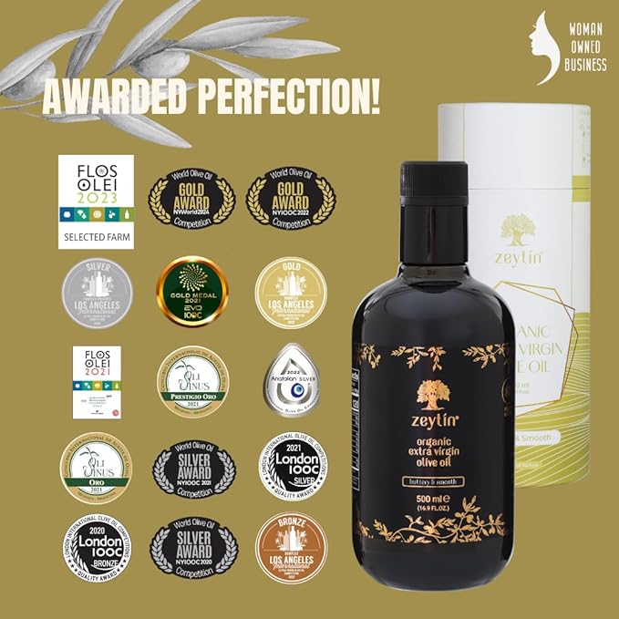 Zeytin Organic Olive Oil Extra Virgin - GOLD MEDAL & Early Harvest - Fresh 2024 Harvest, Bottled in Jan 2025 - New Luxury Packaging - Keto & Cold Pressed - Buttery & Smooth (16.9fl oz - 1 Pack)