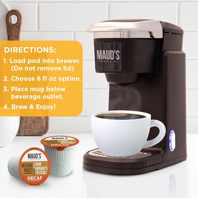 Maud's Decaf Banana Flavored Coffee Pods, 18 ct, Decaffeinated Medium Roast Flavored Coffee in Recyclable Single Serve Pods – 100% Arabica Beans, Compatible with Keurig K Cups Maker