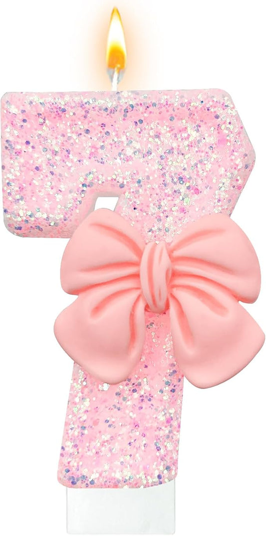 Pink Glitter Bow Birthday Candles, 7 Pack (0-9 Numbers, Eco-Friendly, Smokeless)