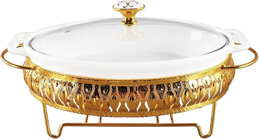 10" x 7" Ceramic Oval Casserole Dish with Glass Lid and Gold rack, 30 Ounce White Serving Soup Tureen,Chafing Dish for Buffet, Family Food preserve Tray, Catering Casserole for Party Style
