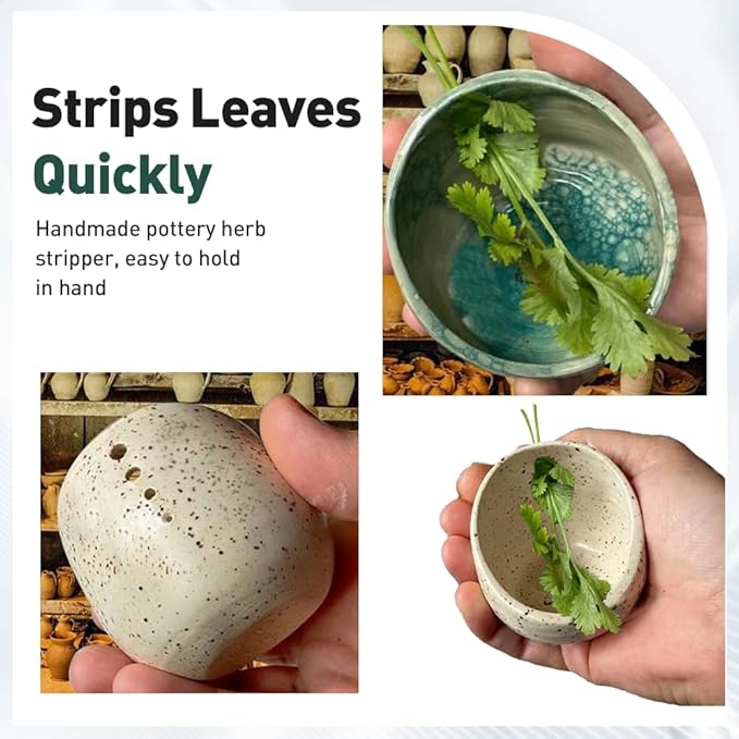 Pottery Herb Stripper Bowl, 2025 Upgrade Pottery Herb Stripper Cup Ceramic Herb Peeling Cup, Handmade Different Round Hole Sizes Suitable for Peeling Off The Leafy Assembly (A)
