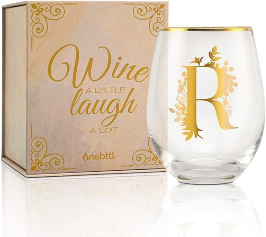 Onebttl Unique Stemless Wine Glasses, Initial Wine Cup for Red or White Wine - 18oz, Monogrammed, Gold - for Women, Girls, Female, Her, Friends, Coworkers, Clients - for Birthday, Christmas