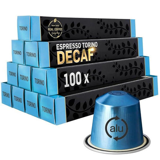 Decaf Italian ‘Torino’ Espresso Compatible with Nespresso | 100 Decaffeinated Aluminum Capsules | Bold Italian Flavor With No Buzz | Medium roast Arabica unfolds fresh fruits, flowers and honey