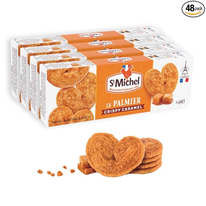 St Michel Caramel Palmiers Biscuits Made In France, pack of 4 (100g each) Non-GMO. Total of 48 Crunchy Caramel glazed Puff Pastry Butter Biscuits