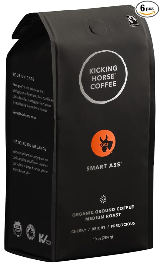 Kicking Horse Coffee Smart Ass, Medium Roast, Ground, Certified Organic, Fairtrade, Kosher, Black,284 g (Pack of 6)