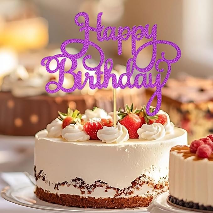 1 PCS Happy Birthday Cake Topper Glitter Purple Anniversary Cake Picks Happy Birthday Cake Decorations for Baby Shower Celebrating Birthday Party Decorations Supplies