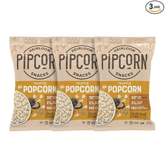 Pipcorn Heirloom Truffle Mini Popcorn - (3 Pack of 4.5oz Bags) - Vegan, No Artificial Anything, Non-GMO Heirloom Corn, No Preservatives, Soy Free, Zero Trans Fat, Gluten Free