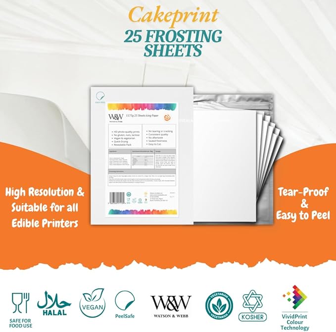 Watson & Webb Edible Frosting Sheets 8.5" x 11" – 25 Count Printable Icing Paper for Cakes & Toppers – Easy-Peel Food-Safe Edible Paper – Vegan, Gluten-Free