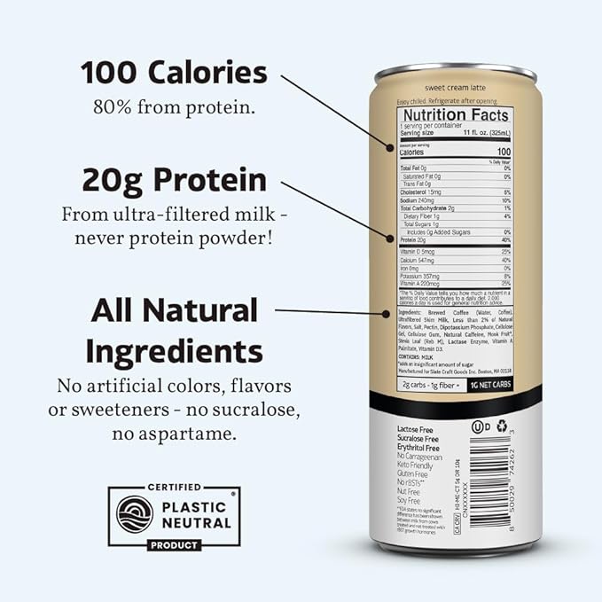 Slate Milk - High Protein Iced Coffee - Sweet Cream Latte - 175mg Caffeine, Lactose Free Energy - 20g Protein, 1g Sugar, 100 Calories, 1g Net Carbs, No Sugar Added - Protein Coffee - 11 fl oz, 24 Cans