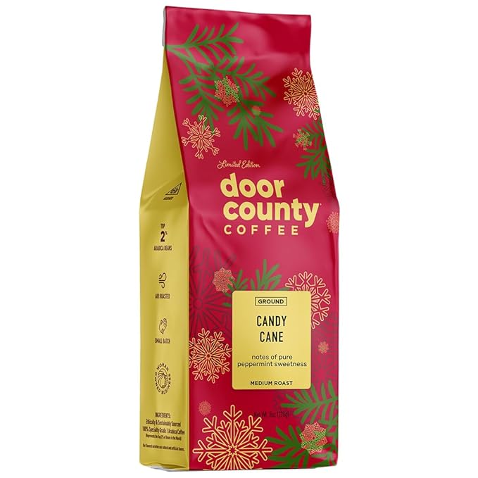 Door County Coffee Candy Cane Flavored Coffee Ground - 8oz Bag - Holiday Seasonal - Medium Roast - 100% Specialty Arabica - Peppermint Flavor
