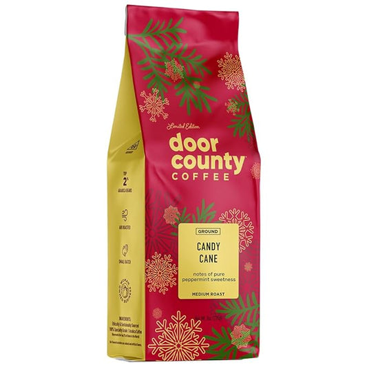 Door County Coffee Candy Cane Flavored Coffee Ground - 8oz Bag - Holiday Seasonal - Medium Roast - 100% Specialty Arabica - Peppermint Flavor