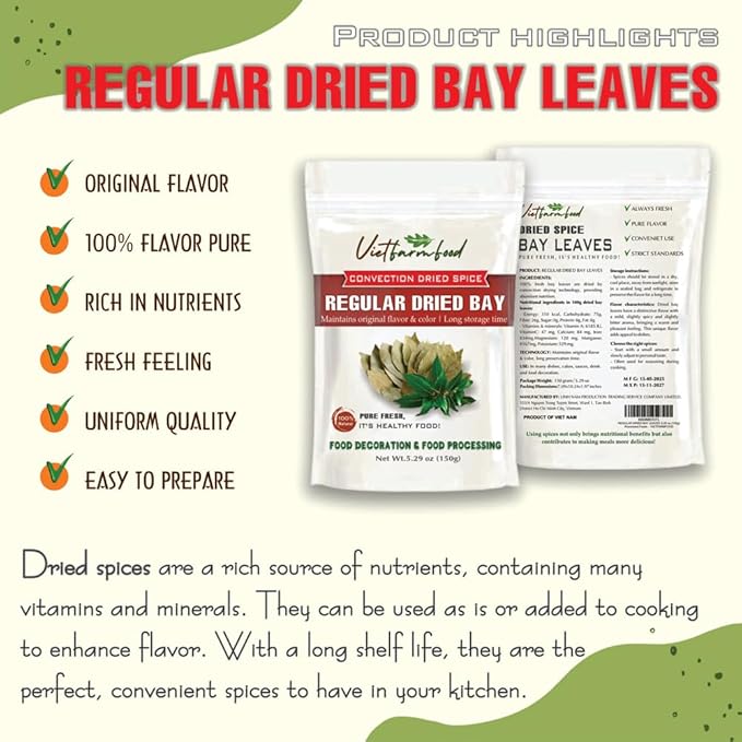REGULAR DRIED BAY LEAVES 5.29 Oz (150g) VIETFARMFOOD: Natural pure, convection dried seasoning made from real vegetables - perfect for adding flavor to any meal, from cooking, baking, soups, sauces