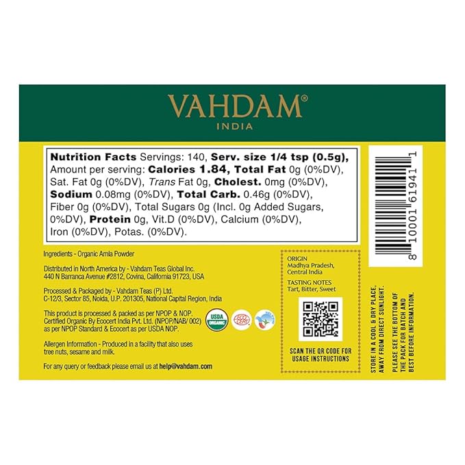 VAHDAM, Organic Amla Powder (2.47oz/70g) Gluten Free, Non GMO, 100% Raw Indian Gooseberry Powder (Amalaki) Perfect for Cooking, Juices, Smoothies | Direct from Source