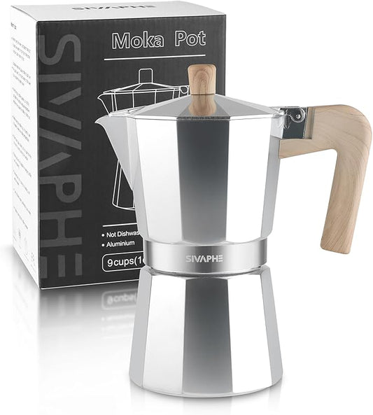 Sivaphe Aluminum Moka Pot 9 Espresso Cups, Percolator Espresso and Coffee Maker, Portable Stove top Italian and Cuban Cafì±?Brewer for Home and Camping Sliver