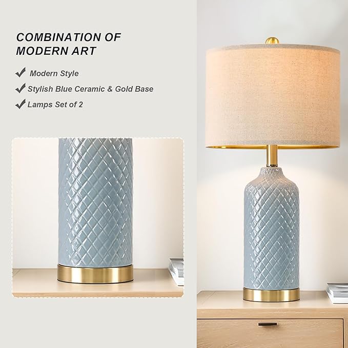 24.25" Table Lamps Modern Ceramic Blue Lamps for Living Room Farmhouse Bedside Lamps Boho Lamps for Night Stands Costal Bedroom Lamps Side Table Lamps End Table Lamps