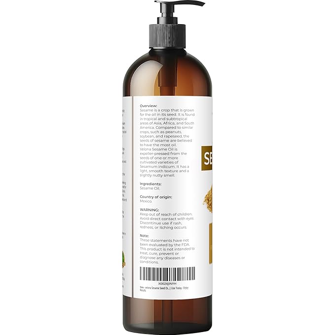 Sesame Seed Oil by Velona - 8 fl oz | 100% Pure and Natural Carrier Oil | Refined, Expeller Pressed | Cooking, Skin, Hair, Body & Face Moisturizing | Use Today - Enjoy Results