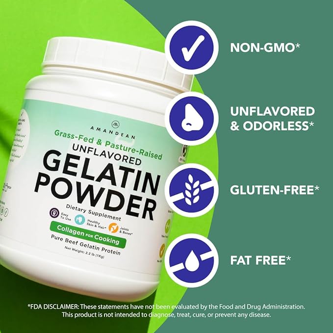 AMANDEAN Premium Gelatin Powder XL. Grass-Fed Beef Collagen Protein Supplement. Unflavored. Healthy Skin, Hair, Nails, & Gut. Paleo Friendly Cooking and Baking. 18 Amino Acids. Non-GMO.
