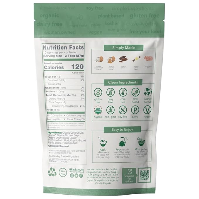 Bare Life: Dairy Free Coconut Hot Cocoa Mix Pouch | Gluten Free, Vegan, USDA Organic, Plant Based, Paleo, Soy Free, Corn Free, Lactose Free, Kosher Pareve, Refined Sugar Free, Hot Chocolate - Just Add Hot Water, 9.52 oz.