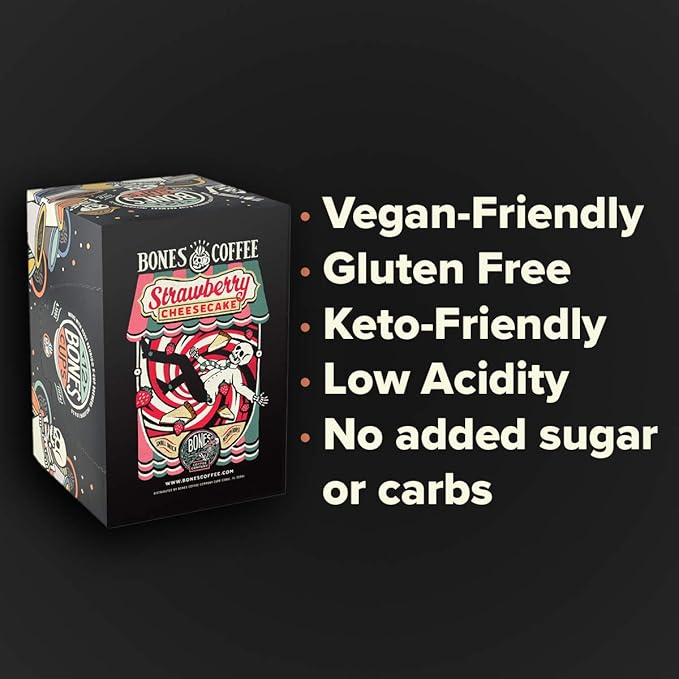 Bones Coffee Company Strawberry Cheesecake Flavored Coffee Pods, Low Acid Medium Roast Single-Serve Bones Cups, Compatible with 1.0 & 2.0 K-Cups Brewers Coffee Maker, 12 Count