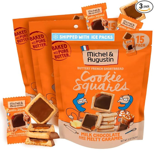 Michel et Augustin Cookies, Individually Wrapped Snacks, 3 Pack, Gourmet Milk Chocolate & Caramel Shortbread, 15 French Butter Cookies per bag